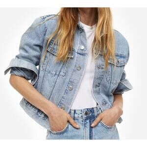 H&M Distressed Short Light Denim Jean Moto Jacket Size 10